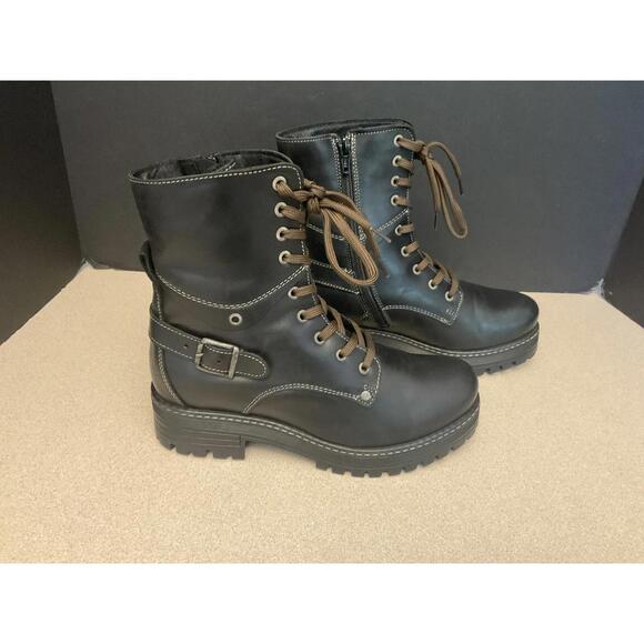 New! Womens Taos Gusto Black Leather Side Zip Combat Mid Boots. Size 37-US 6-6.5 - Picture 1 of 8